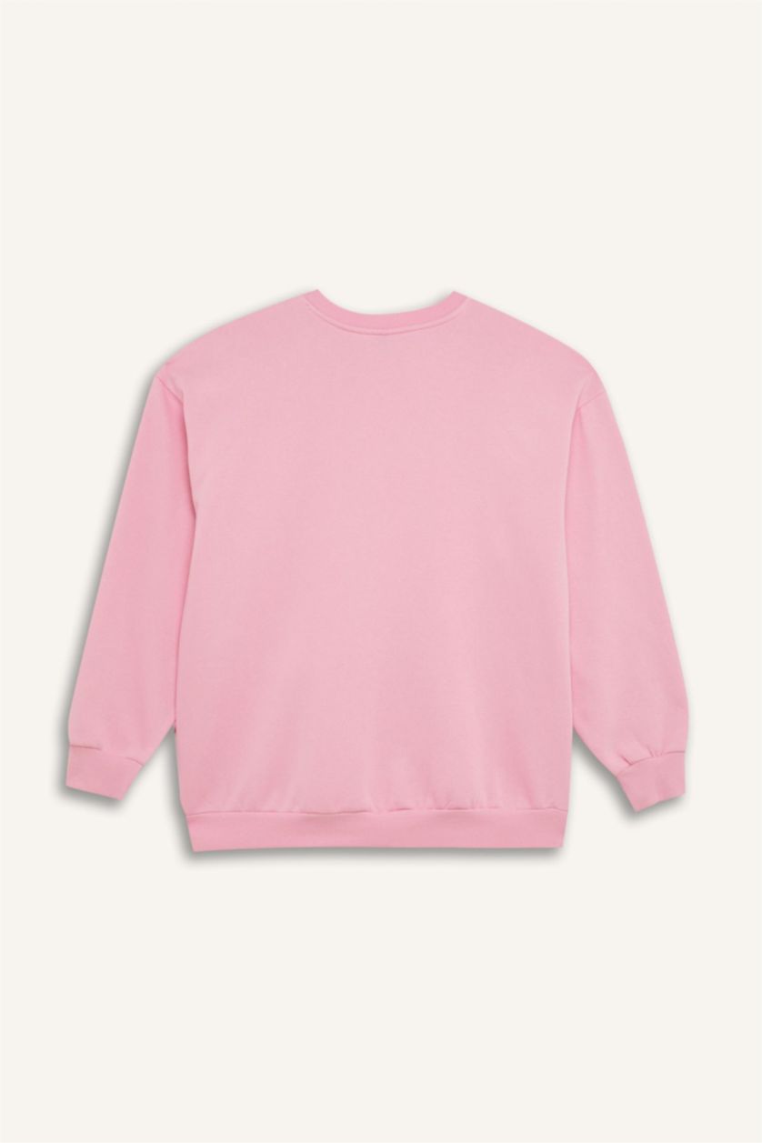 Kadın Pembe Oversize Geniş Kalıp Bisiklet Yaka Baskılı Kalın Sweatshirt