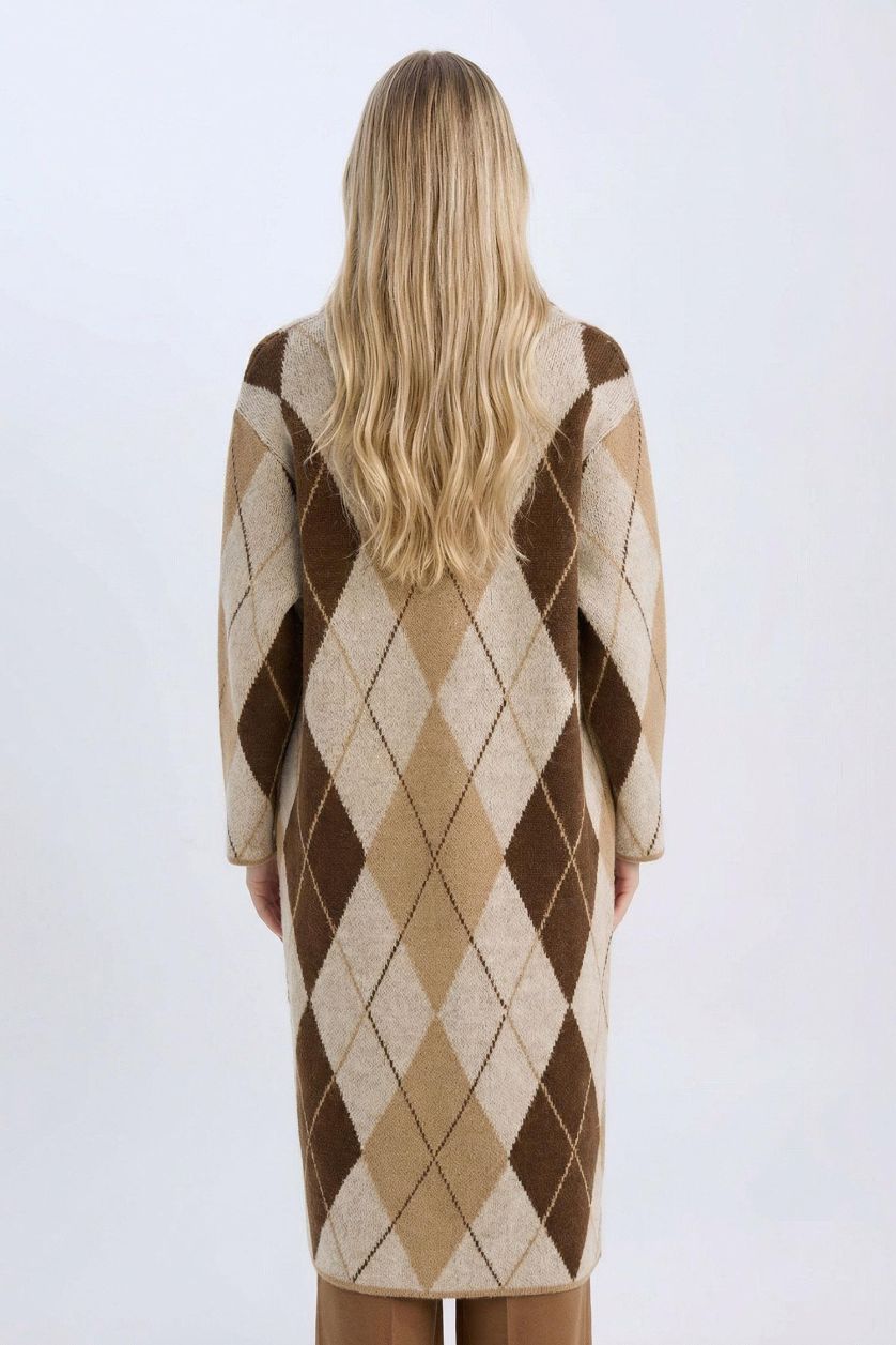 Kadın Açık Bej Relax Fit Şal Yaka Baklava Desenli Uzun Triko Hırka