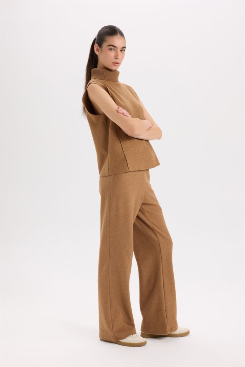 Kadın Camel Wide Leg Kışlık Pantolon Beli Lastikli Bağcıklı Geniş Bol Paça