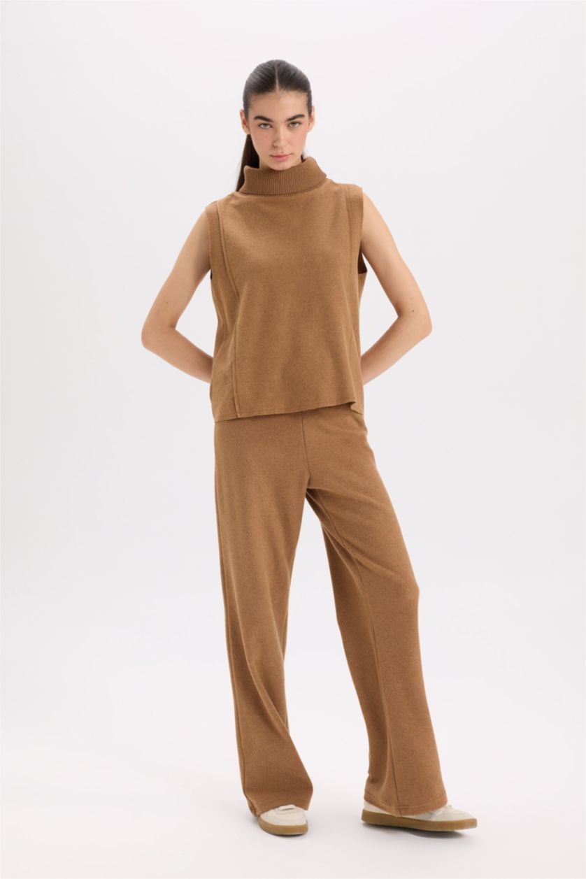 Kadın Camel Wide Leg Kışlık Pantolon Beli Lastikli Bağcıklı Geniş Bol Paça