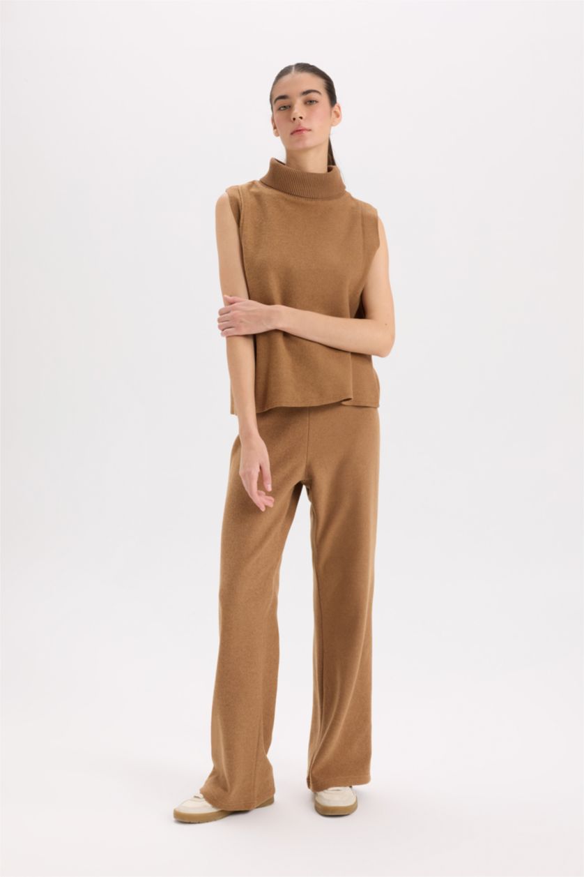 Kadın Camel Wide Leg Kışlık Pantolon Beli Lastikli Bağcıklı Geniş Bol Paça