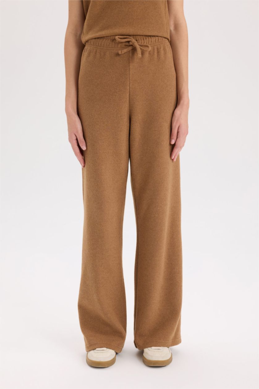 Kadın Camel Wide Leg Kışlık Pantolon Beli Lastikli Bağcıklı Geniş Bol Paça