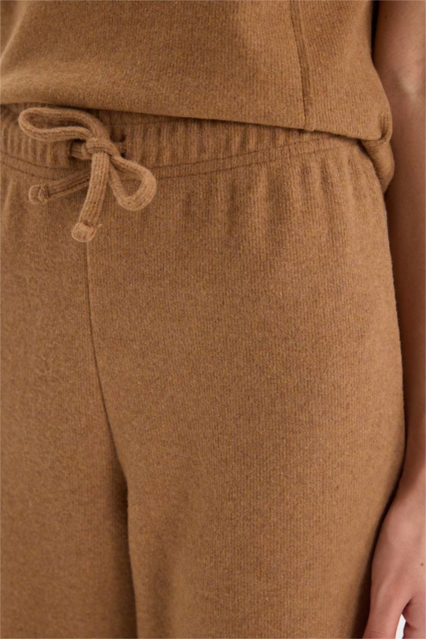 Kadın Camel Wide Leg Kışlık Pantolon Beli Lastikli Bağcıklı Geniş Bol Paça