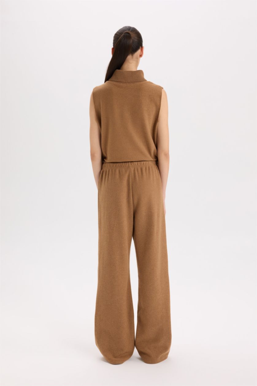 Kadın Camel Wide Leg Kışlık Pantolon Beli Lastikli Bağcıklı Geniş Bol Paça