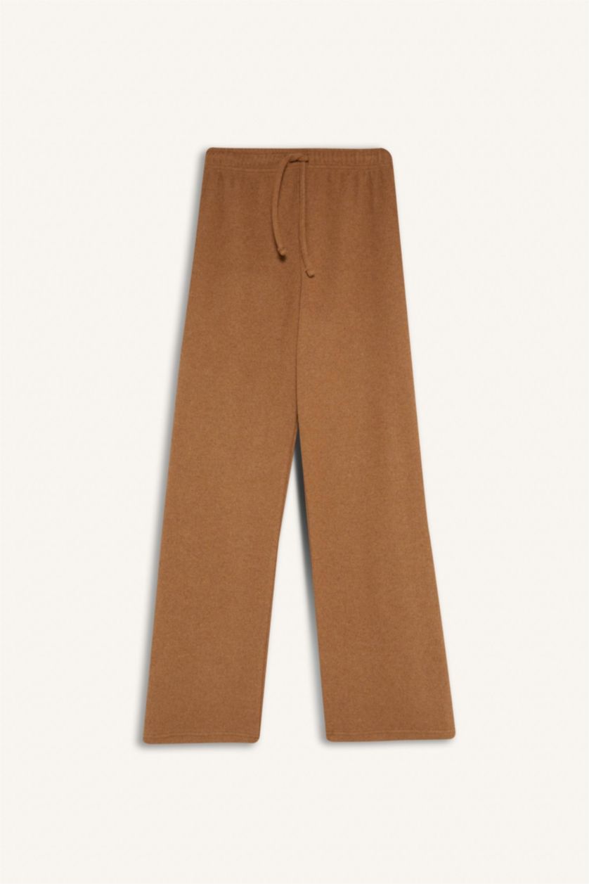 Kadın Camel Wide Leg Kışlık Pantolon Beli Lastikli Bağcıklı Geniş Bol Paça