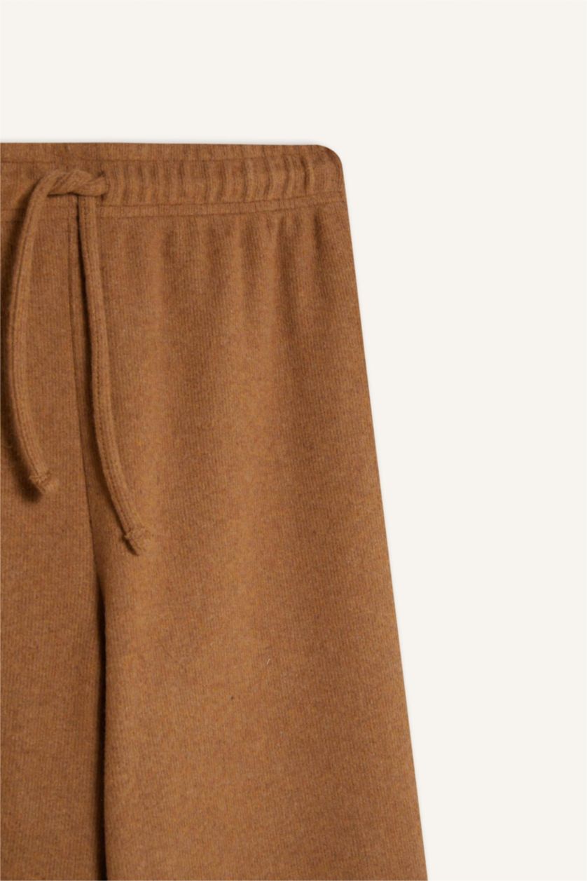 Kadın Camel Wide Leg Kışlık Pantolon Beli Lastikli Bağcıklı Geniş Bol Paça