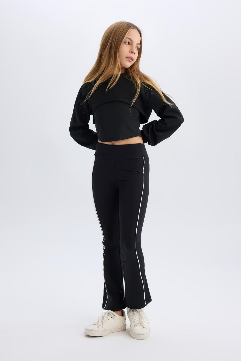 Kız Çocuk - Genç Kız Siyah Beli Lastikli Biyeli Uzun Tayt Kız Çocuk