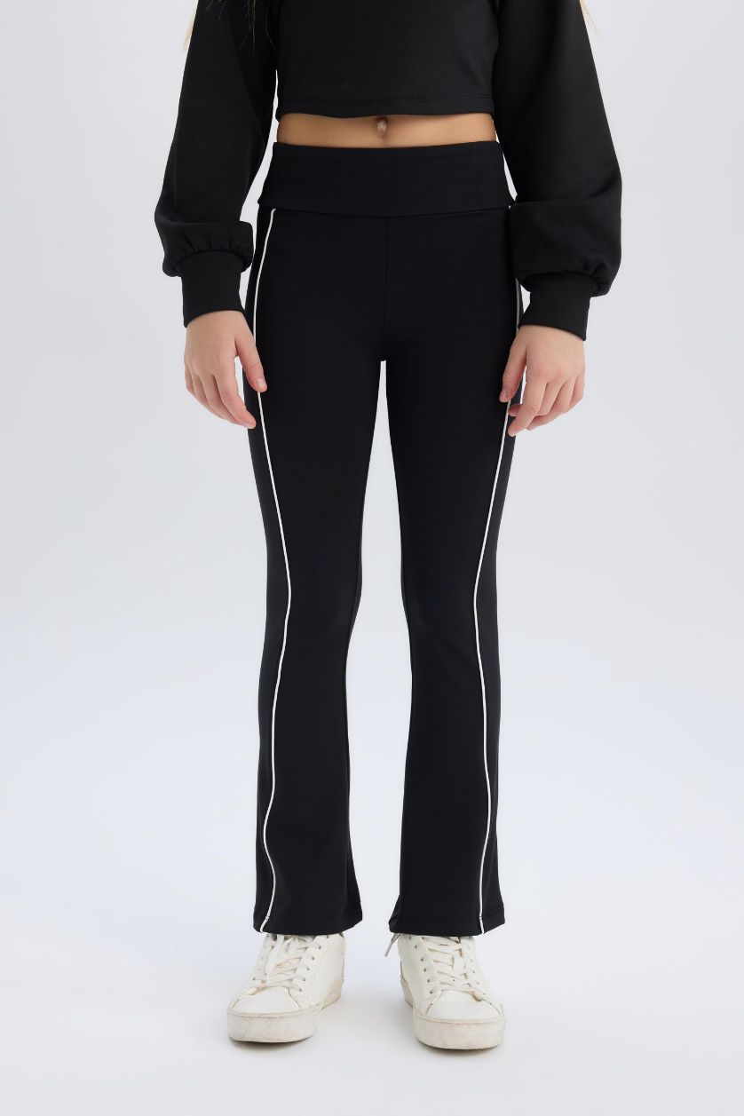 Kız Çocuk - Genç Kız Siyah Beli Lastikli Biyeli Uzun Tayt Kız Çocuk