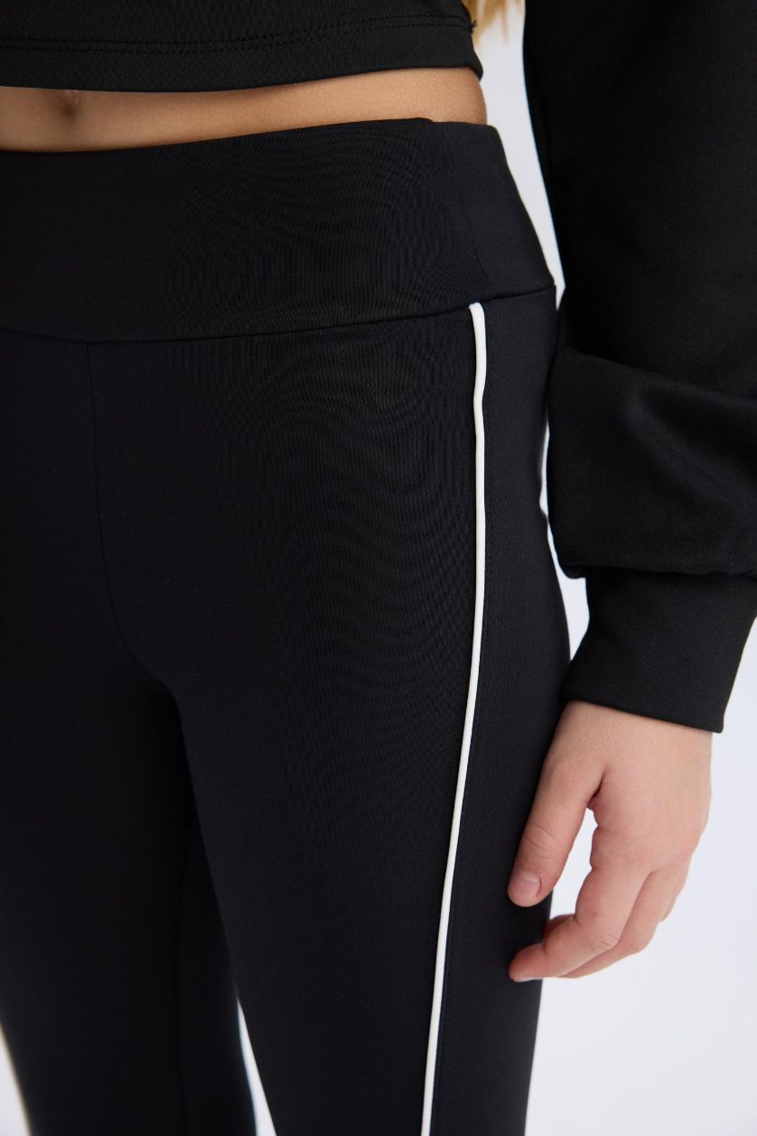 Kız Çocuk - Genç Kız Siyah Beli Lastikli Biyeli Uzun Tayt Kız Çocuk