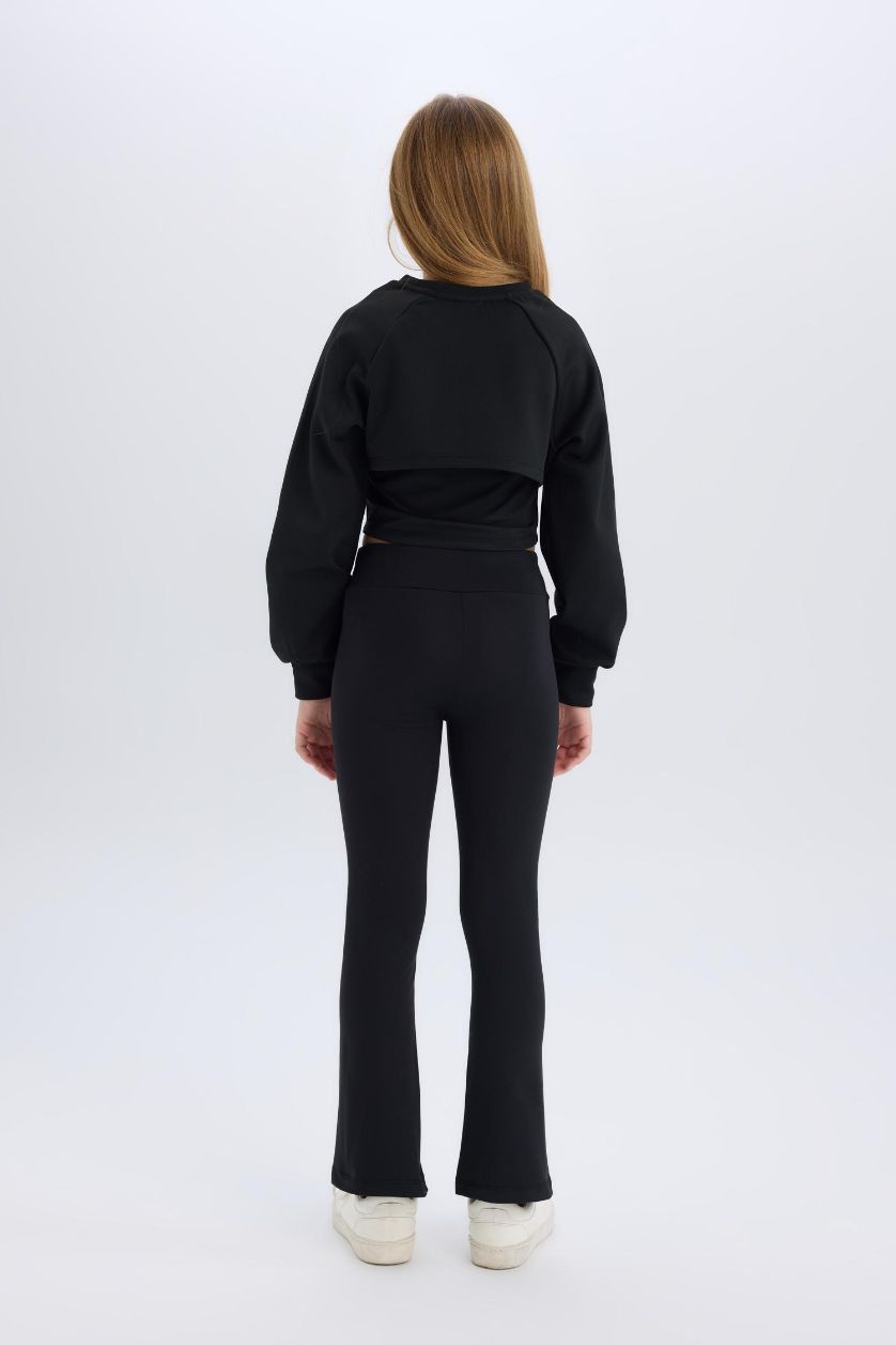 Kız Çocuk - Genç Kız Siyah Beli Lastikli Biyeli Uzun Tayt Kız Çocuk