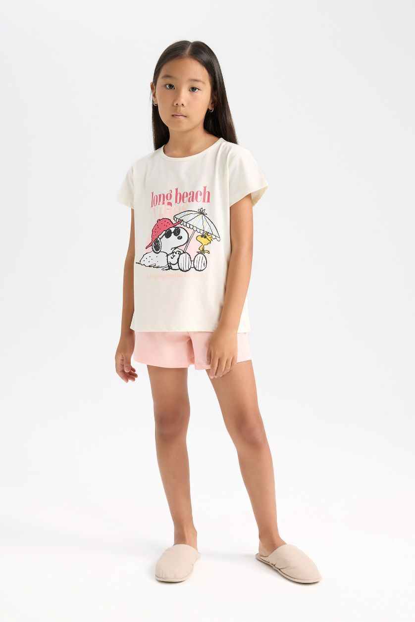 Kız Çocuk - Genç Kız Ekru Snoopy Pijama Takımı Kısa Kollu Üst Beli Lastikli Kısa Şort Kız Çocuk