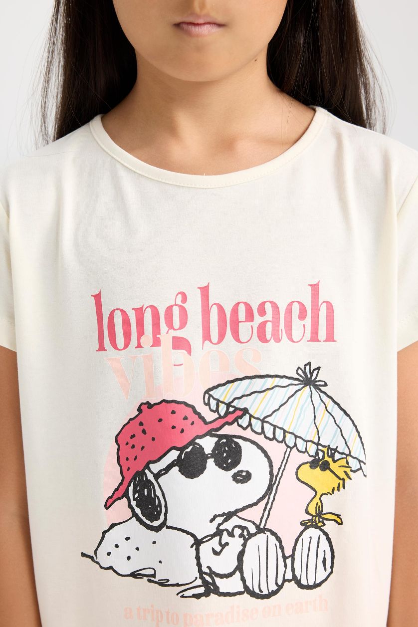 Kız Çocuk - Genç Kız Ekru Snoopy Pijama Takımı Kısa Kollu Üst Beli Lastikli Kısa Şort Kız Çocuk