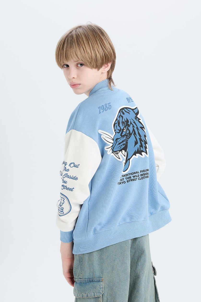 Boys & Teens Blue Boy Printed College Collar Bomber Jacket