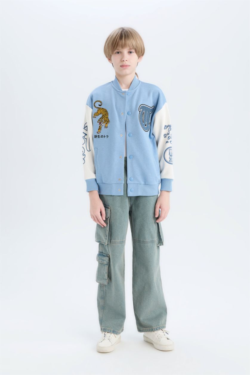 Boys & Teens Blue Boy Printed College Collar Bomber Jacket