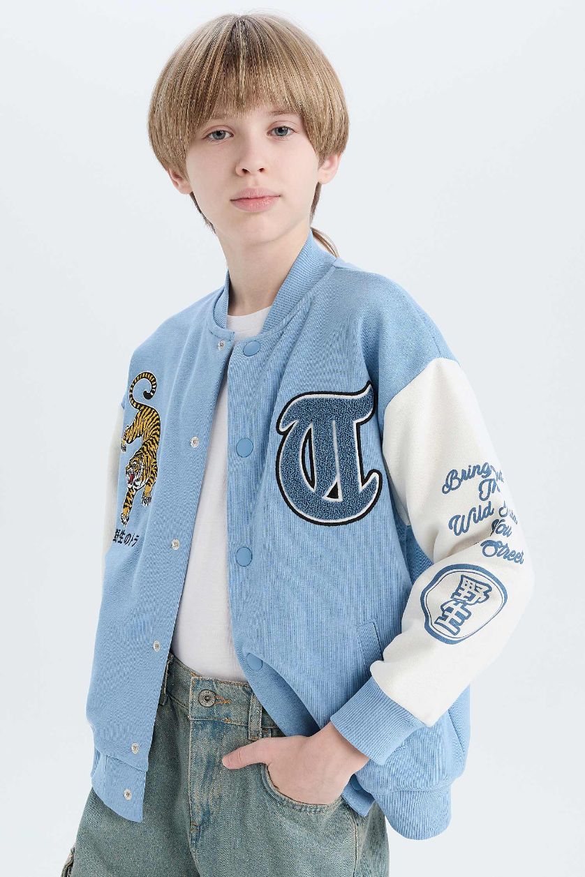 Boys & Teens Blue Boy Printed College Collar Bomber Jacket