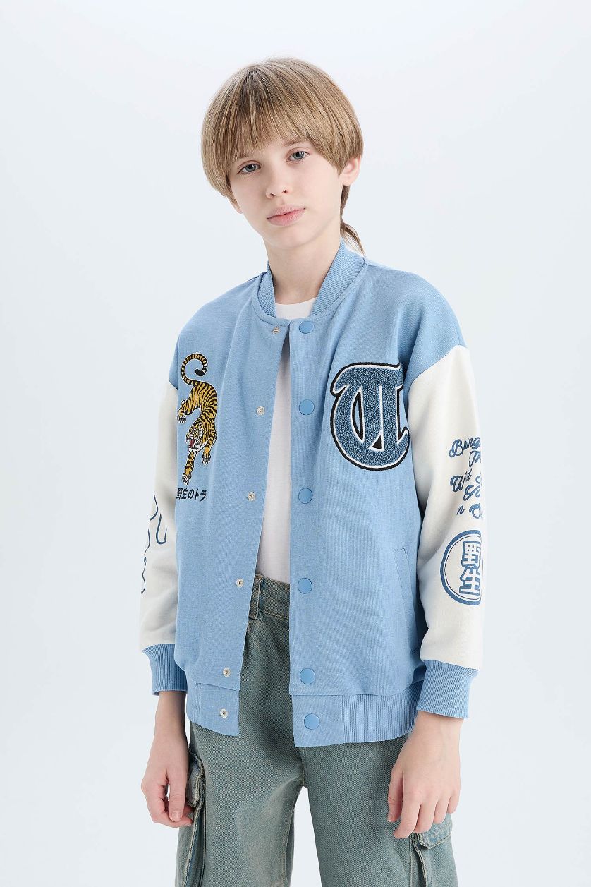 Boys & Teens Blue Boy Printed College Collar Bomber Jacket