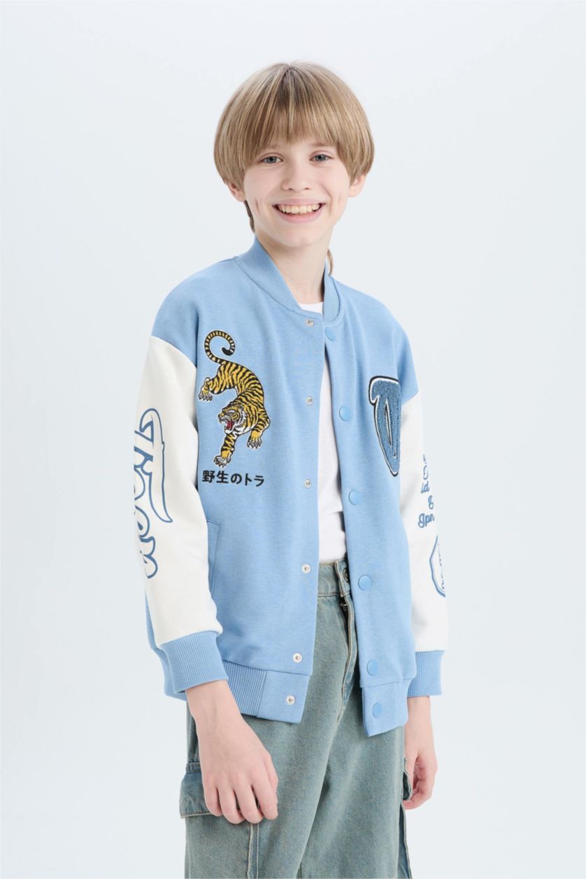 Boys & Teens Blue Boy Printed College Collar Bomber Jacket