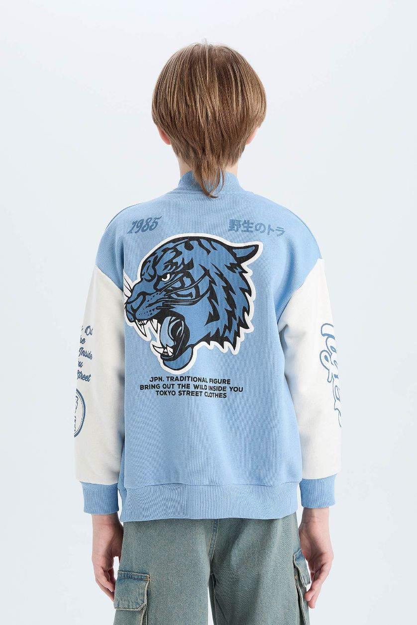 Boys & Teens Blue Boy Printed College Collar Bomber Jacket