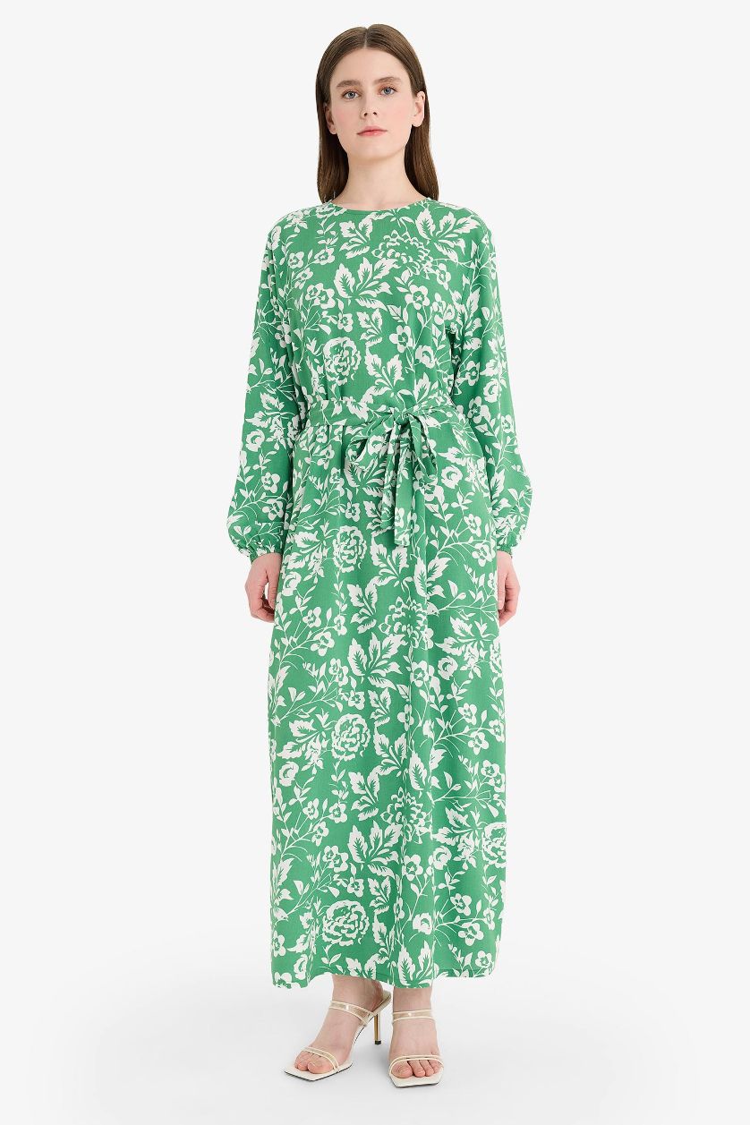 Kadın Yeşil Regular Fit Bisiklet Yaka Desenli Kuşaklı Uzun Kollu Maxi Elbise