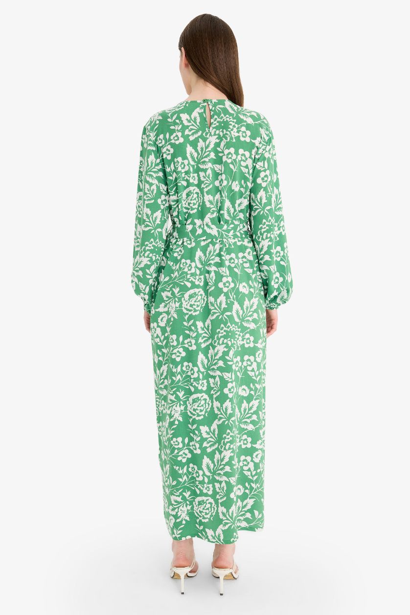 Kadın Yeşil Regular Fit Bisiklet Yaka Desenli Kuşaklı Uzun Kollu Maxi Elbise