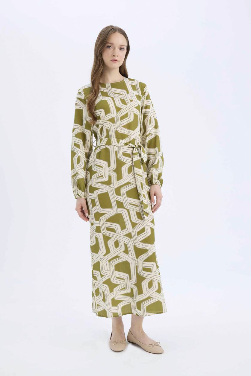 Kadın Haki Regular Fit Bisiklet Yaka Desenli Kuşaklı Uzun Kollu Maxi Elbise