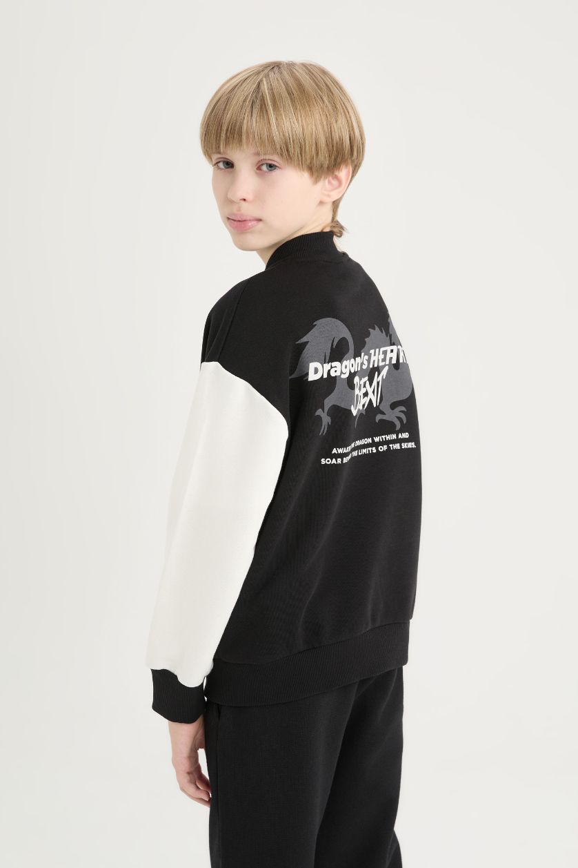 Erkek Çocuk - Genç Erkek Siyah Sırt Baskılı Kolej Yaka Bomber Ceket Erkek Çocuk