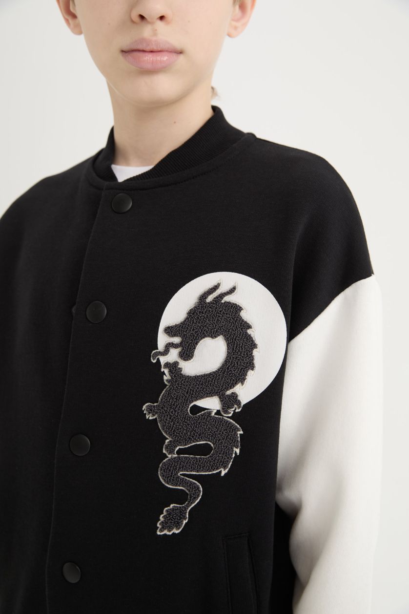 Erkek Çocuk - Genç Erkek Siyah Sırt Baskılı Kolej Yaka Bomber Ceket Erkek Çocuk