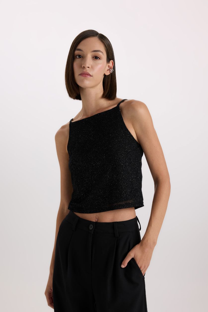 WOMAN Black Slim Fit Embroidered Tulle U Collar Strappy Tank Top