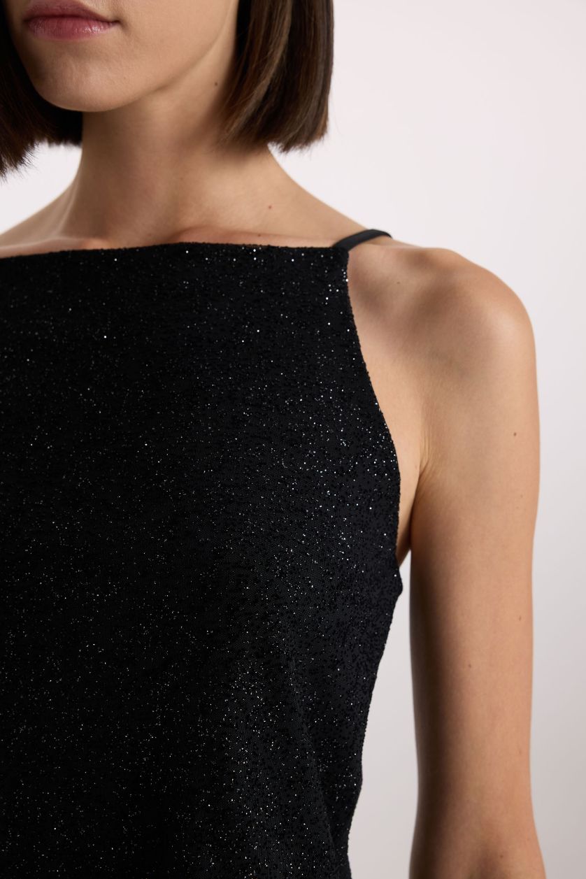 WOMAN Black Slim Fit Embroidered Tulle U Collar Strappy Tank Top