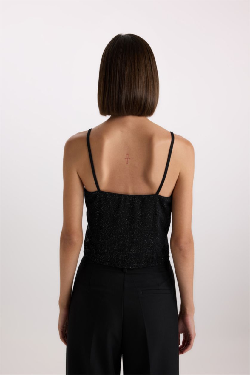 WOMAN Black Slim Fit Embroidered Tulle U Collar Strappy Tank Top