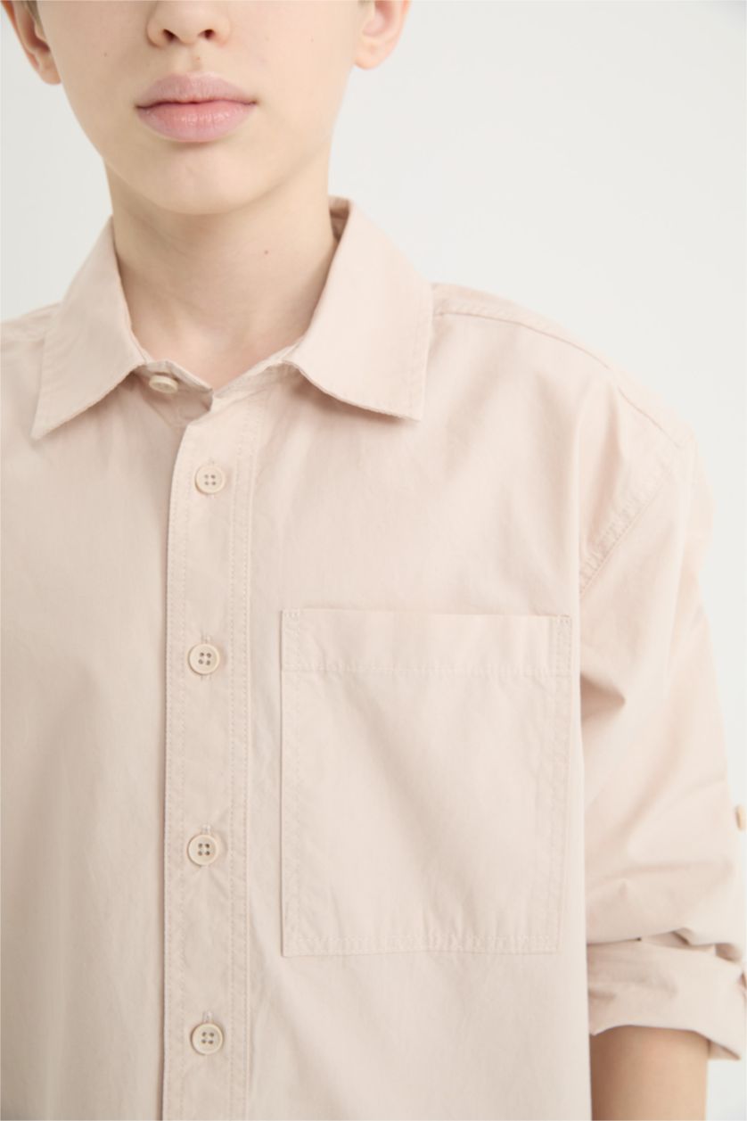 Erkek Çocuk - Genç Erkek Açık Bej Oversize Geniş Kalıp Polo Yaka Paraşüt Uzun Kollu Gömlek Erkek Çocuk