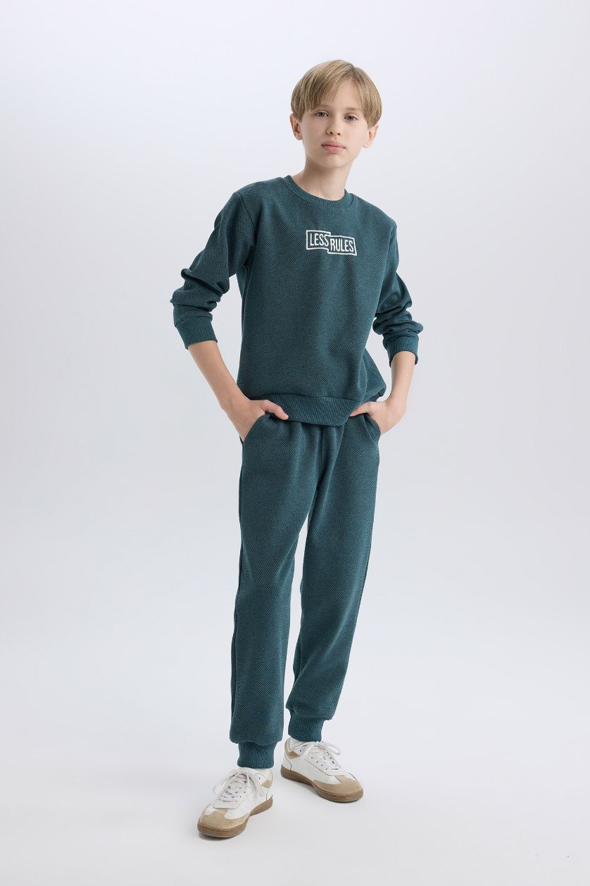 Erkek Çocuk - Genç Erkek Petrol Melanj 2'li Takım Baskılı Sweatshirt Beli Lastikli Eşofman Altı Erkek Çocuk