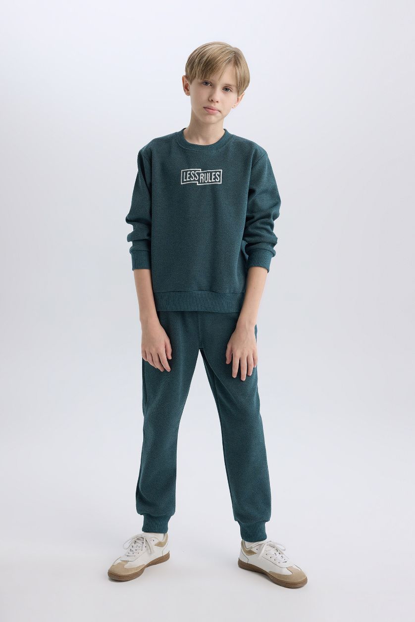 Erkek Çocuk - Genç Erkek Petrol Melanj 2'li Takım Baskılı Sweatshirt Beli Lastikli Eşofman Altı Erkek Çocuk