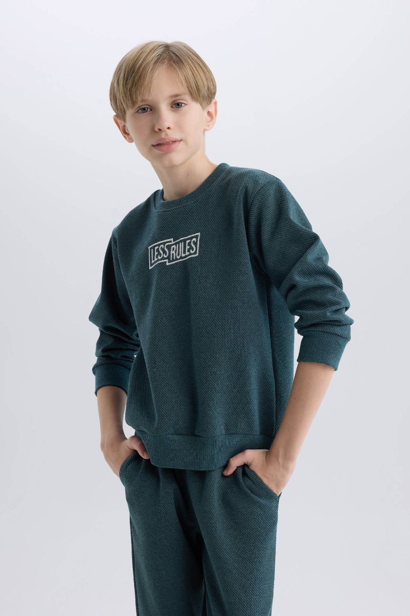 Erkek Çocuk - Genç Erkek Petrol Melanj 2'li Takım Baskılı Sweatshirt Beli Lastikli Eşofman Altı Erkek Çocuk