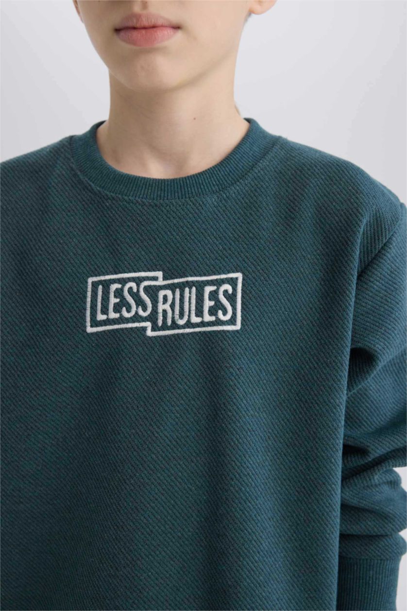 Erkek Çocuk - Genç Erkek Petrol Melanj 2'li Takım Baskılı Sweatshirt Beli Lastikli Eşofman Altı Erkek Çocuk