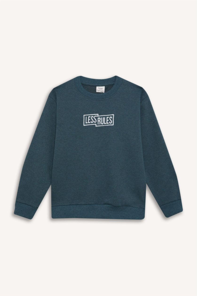 Erkek Çocuk - Genç Erkek Petrol Melanj 2'li Takım Baskılı Sweatshirt Beli Lastikli Eşofman Altı Erkek Çocuk