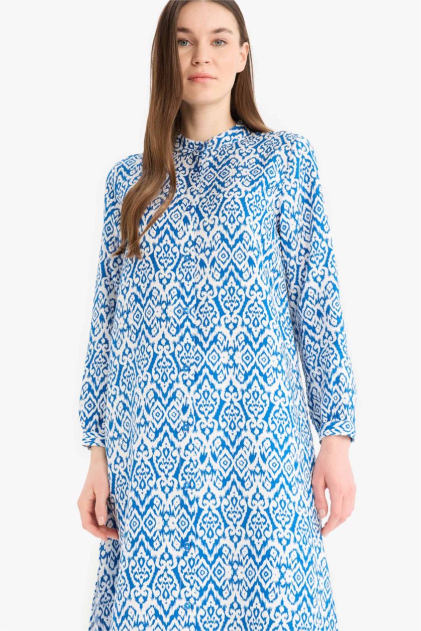 Woman Blue Regular Fit Printed Long Sleeve Tunic