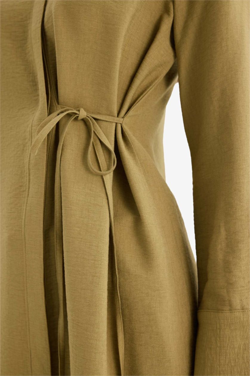 نساء كاكي قميص كم طويل قصة عادية برقبة قميص