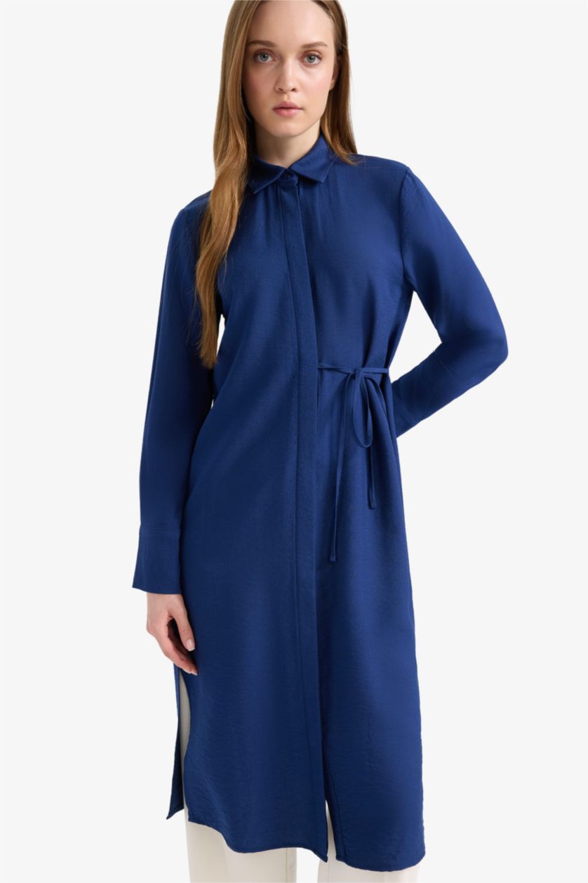 Kadın Lacivert Regular Fit Gömlek Yaka Büzgülü Uzun Kollu Diz Altı Tesettür Tunik