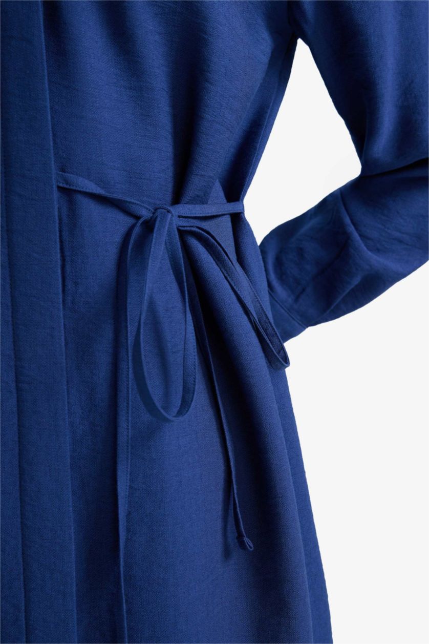 Kadın Lacivert Regular Fit Gömlek Yaka Büzgülü Uzun Kollu Diz Altı Tesettür Tunik