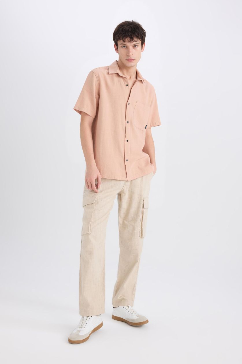 Man Beige Relax Fit Regular Hem Zipper Cotton Trousers