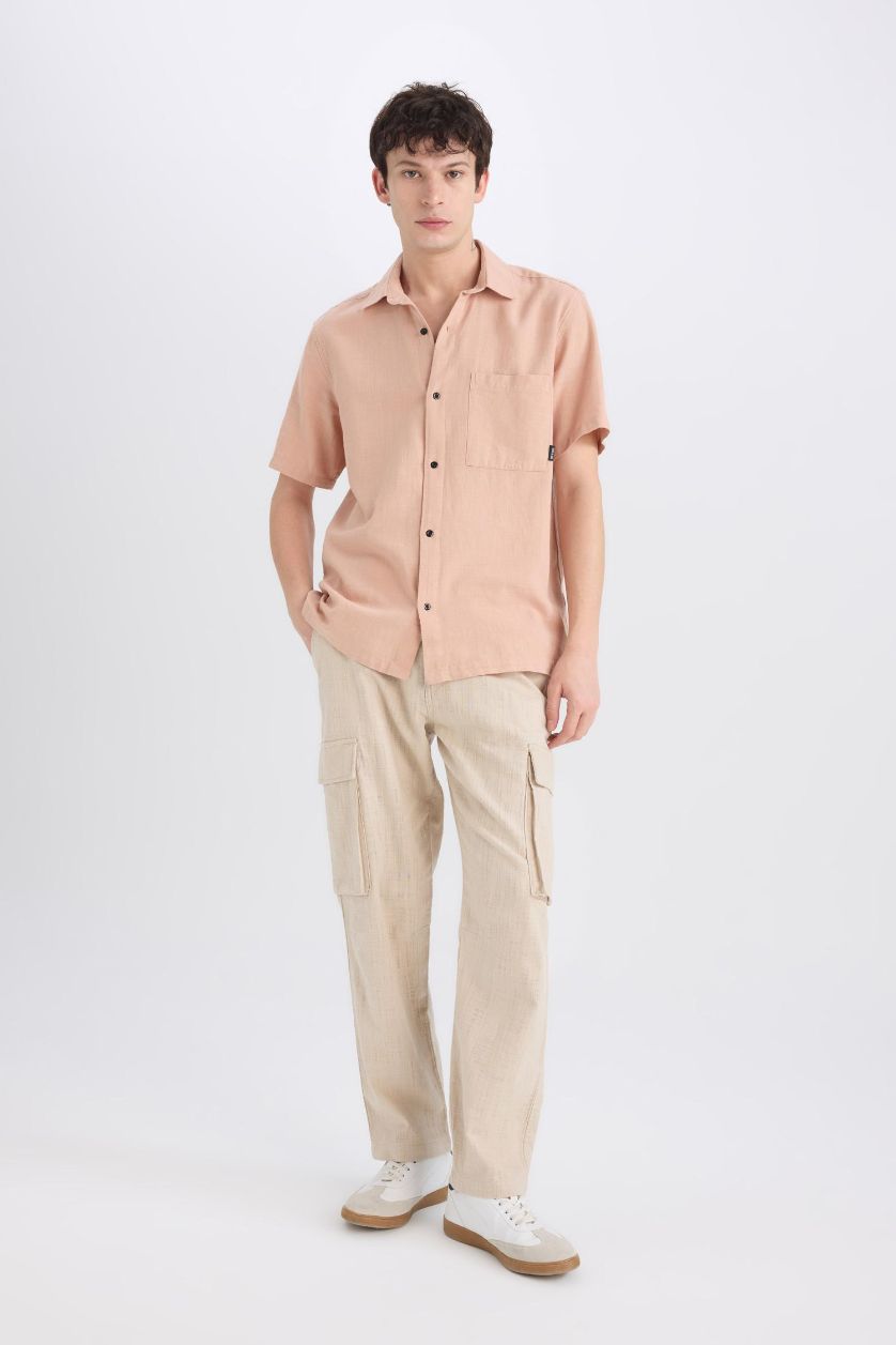 Man Beige Relax Fit Regular Hem Zipper Cotton Trousers
