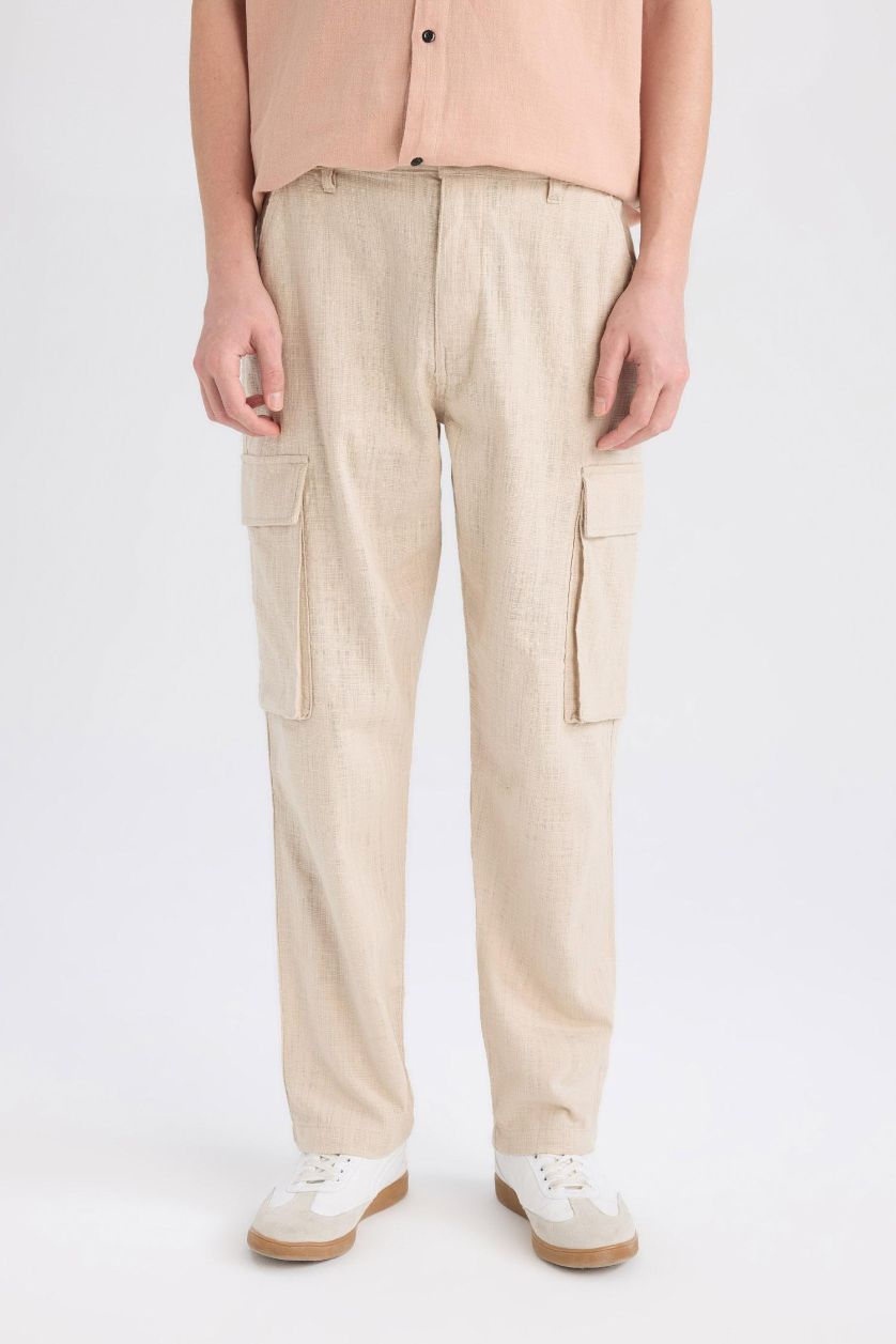 Man Beige Relax Fit Regular Hem Zipper Cotton Trousers