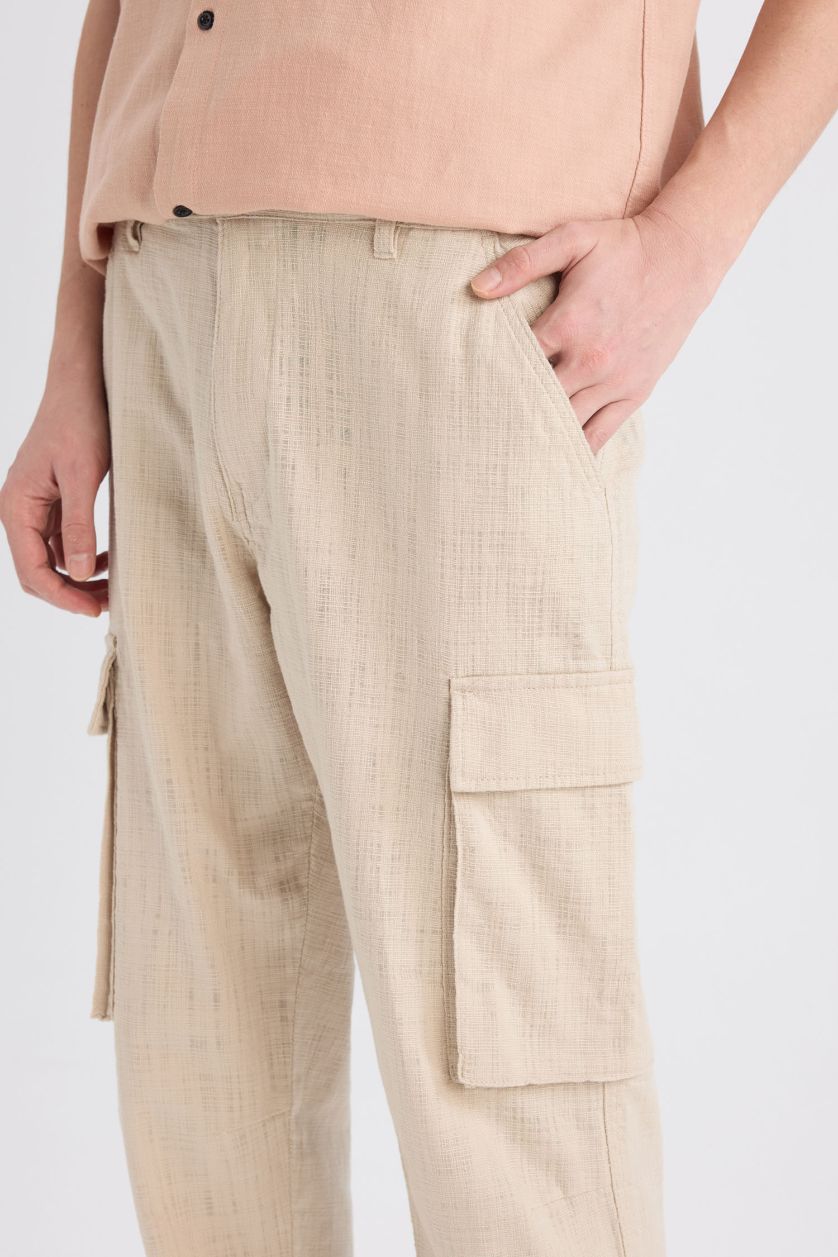 Man Beige Relax Fit Regular Hem Zipper Cotton Trousers