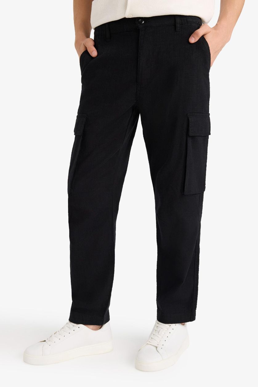 MAN Black Relax Fit Linen Look Straight Leg Cotton  Trousers