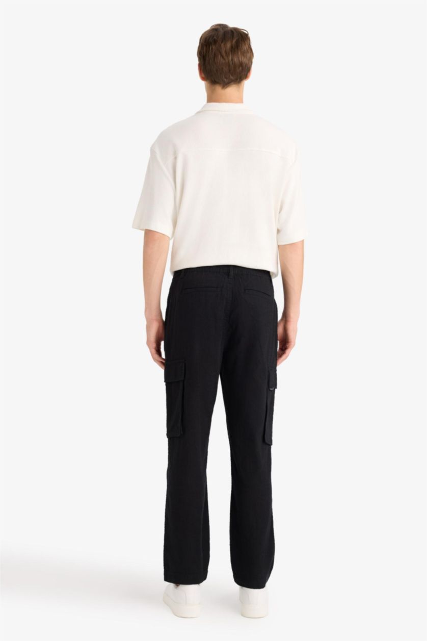 MAN Black Relax Fit Linen Look Straight Leg Cotton  Trousers