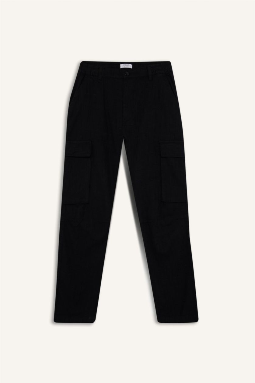 MAN Black Relax Fit Linen Look Straight Leg Cotton  Trousers
