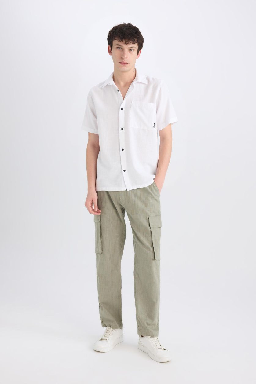 Man Light Khaki Relax Fit Regular Hem Zip-Up Cotton Trousers