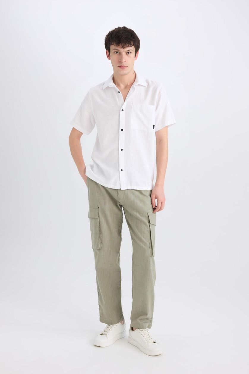 Man Light Khaki Relax Fit Regular Hem Zip-Up Cotton Trousers
