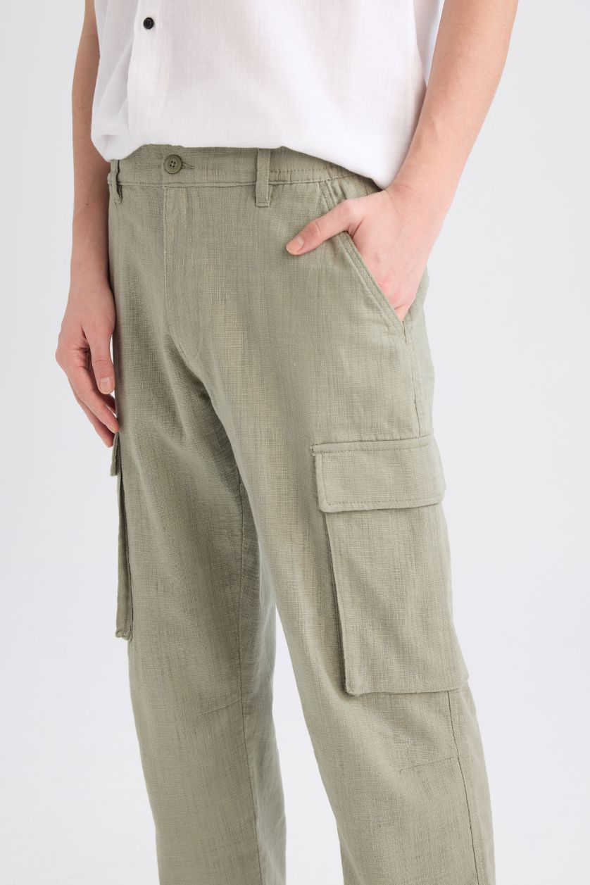 Man Light Khaki Relax Fit Regular Hem Zip-Up Cotton Trousers